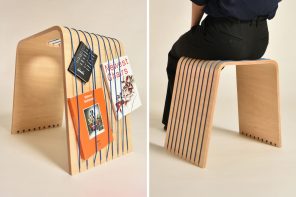 This Plywood Stool Has Cords That Hold Your Books, Magazines, and Stationery
