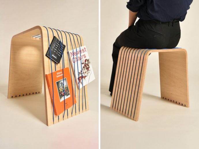 This Plywood Stool Has Cords That Hold Your Books, Magazines, and Stationery