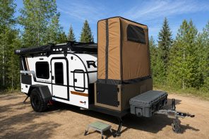 Encore RV includes full shower and toilet on 12-foot camper trailer without compromising living space