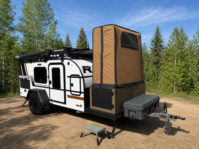 Encore RV includes full shower and toilet on 12-foot camper trailer without compromising living space