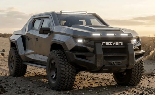Futuristic angular off-road truck with large tires driving over sandy desert at sunset, roof light bar visible.