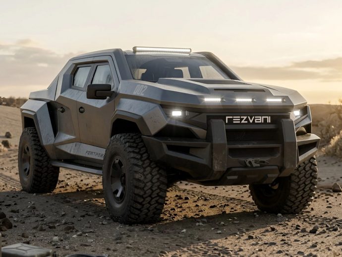 Futuristic angular off-road truck with large tires driving over sandy desert at sunset, roof light bar visible.