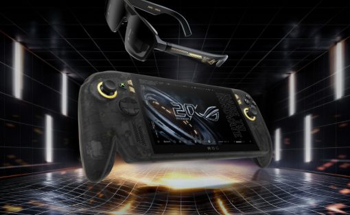Futuristic handheld gaming device branded 'ROG' floats in a neon grid chamber, with a pair of black sunglasses hovering above it.
