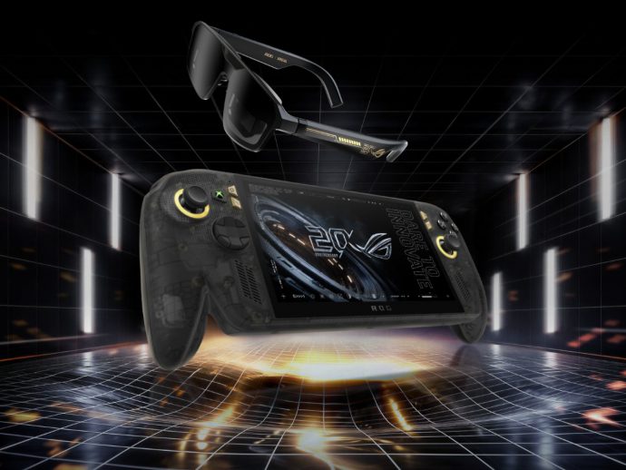 Futuristic handheld gaming device branded 'ROG' floats in a neon grid chamber, with a pair of black sunglasses hovering above it.