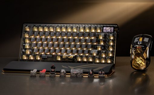 Luxurious mechanical keyboard with transparent keycaps and gold LED lighting, paired with a gold-accented gaming mouse on the right.