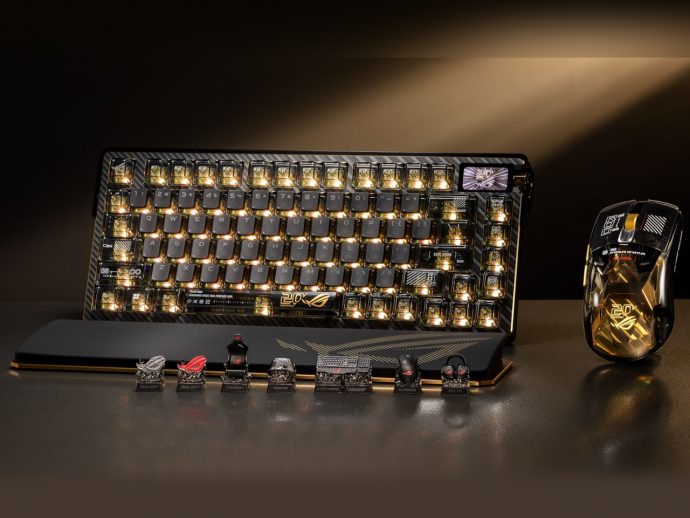 Luxurious mechanical keyboard with transparent keycaps and gold LED lighting, paired with a gold-accented gaming mouse on the right.