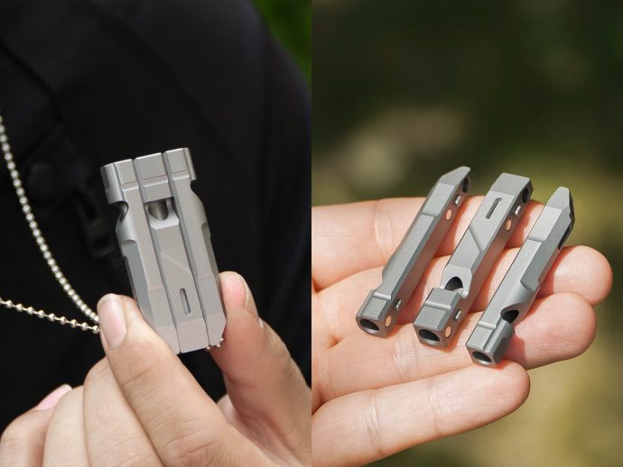 A 3-Part Titanium Rescue Whistle That Combines Into a 120dB Siren