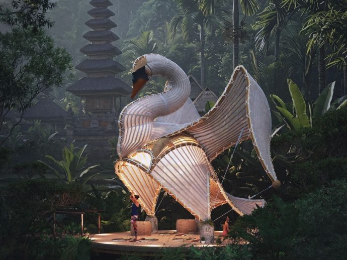 Swan-shaped Pavilion Turns A Forest Retreat Into Biophilic Beauty