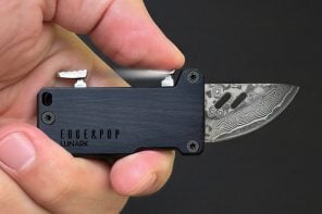 This Damascus Steel compact EDC knife packs two sliders into a 0.6-inch body