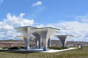 Funnels That Harvest Rain and Solar Power While Shading a Public Plaza