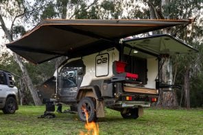 This teardrop camper’s wing-like awnings turn any campsite into a comfortable outdoor living room