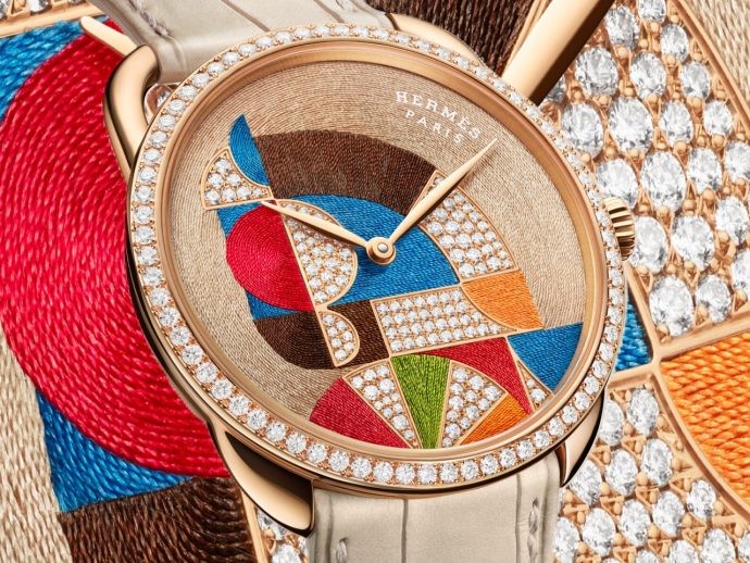 Hermès weaves time on Arceau Cheval Natté watch using 400 silk threads and lots of diamonds