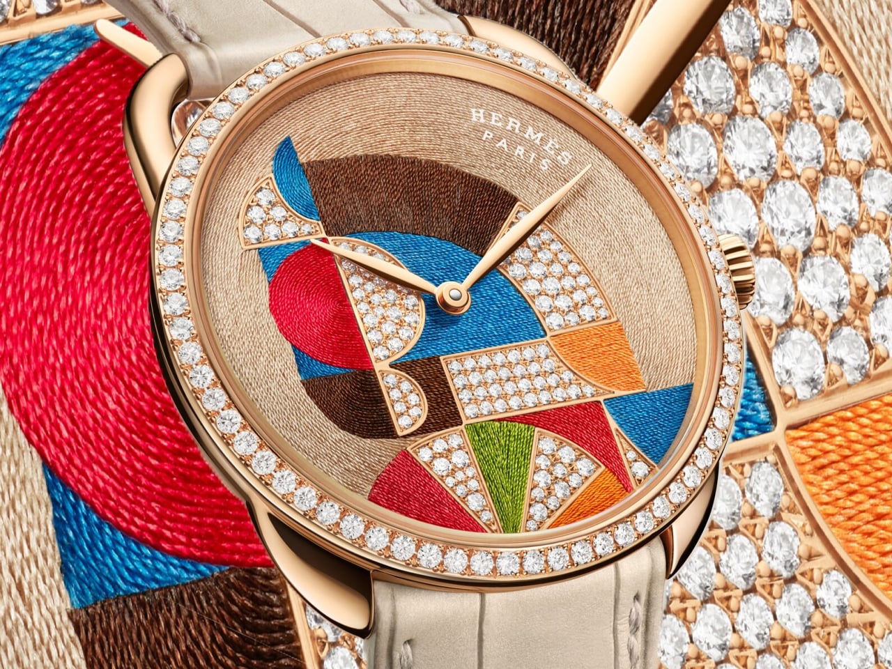 Hermès weaves time on Arceau Cheval Natté watch using 400 silk threads and lots of diamonds
