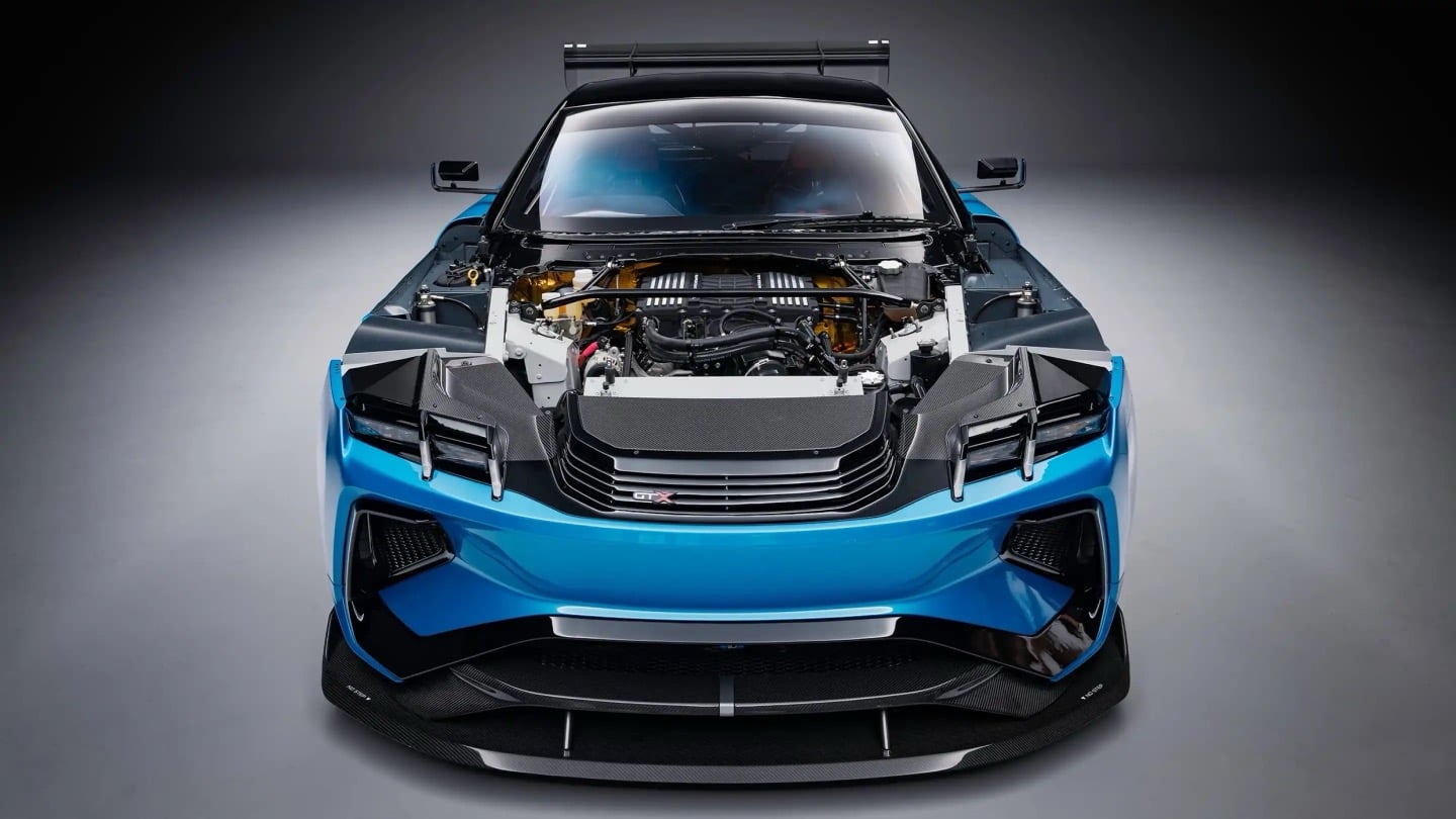 Under the hood: a 6.8-liter supercharged V8 from Late Model Engines, wrapped in carbon and gold foil.