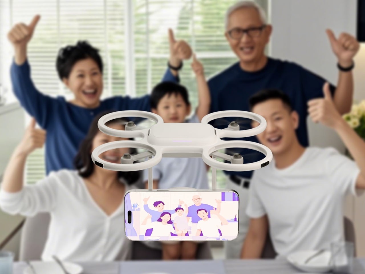 Family posing in front of a drone with an iPhone mounted on it