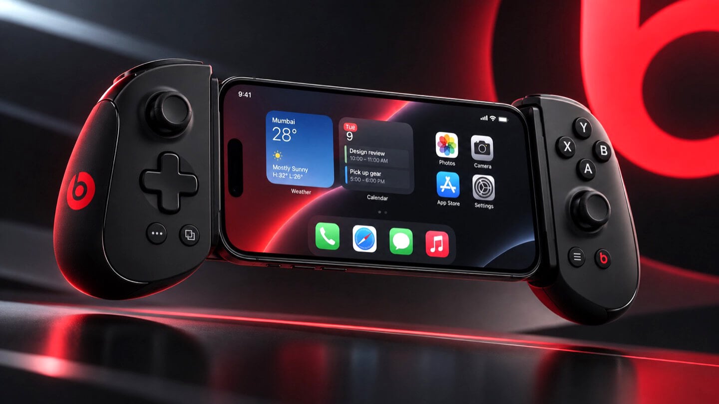 Concept Beats branded iPhone game controller shown fully assembled with an iPhone clamped in the center, both grips visible with D-pad, thumbsticks, and red Beats logos, set against a dark background with a large red Beats logo behind it.