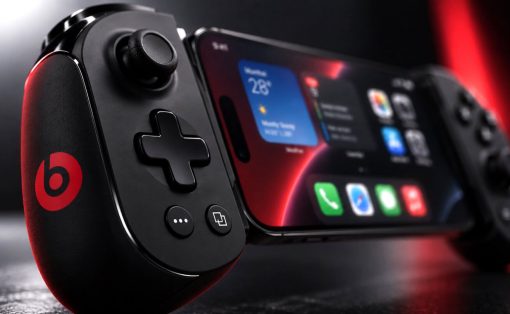 Concept Beats branded iPhone game controller, close-up on the right grip showing X, Y, A, B face buttons, thumbstick, and red Beats logo, with the clamped iPhone home screen visible at left, lit in red.