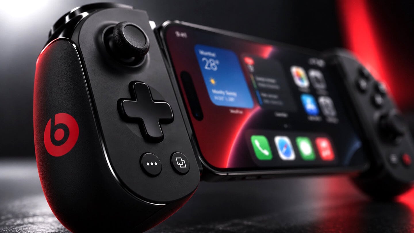 Concept Beats branded iPhone game controller, close-up on the right grip showing X, Y, A, B face buttons, thumbstick, and red Beats logo, with the clamped iPhone home screen visible at left, lit in red.