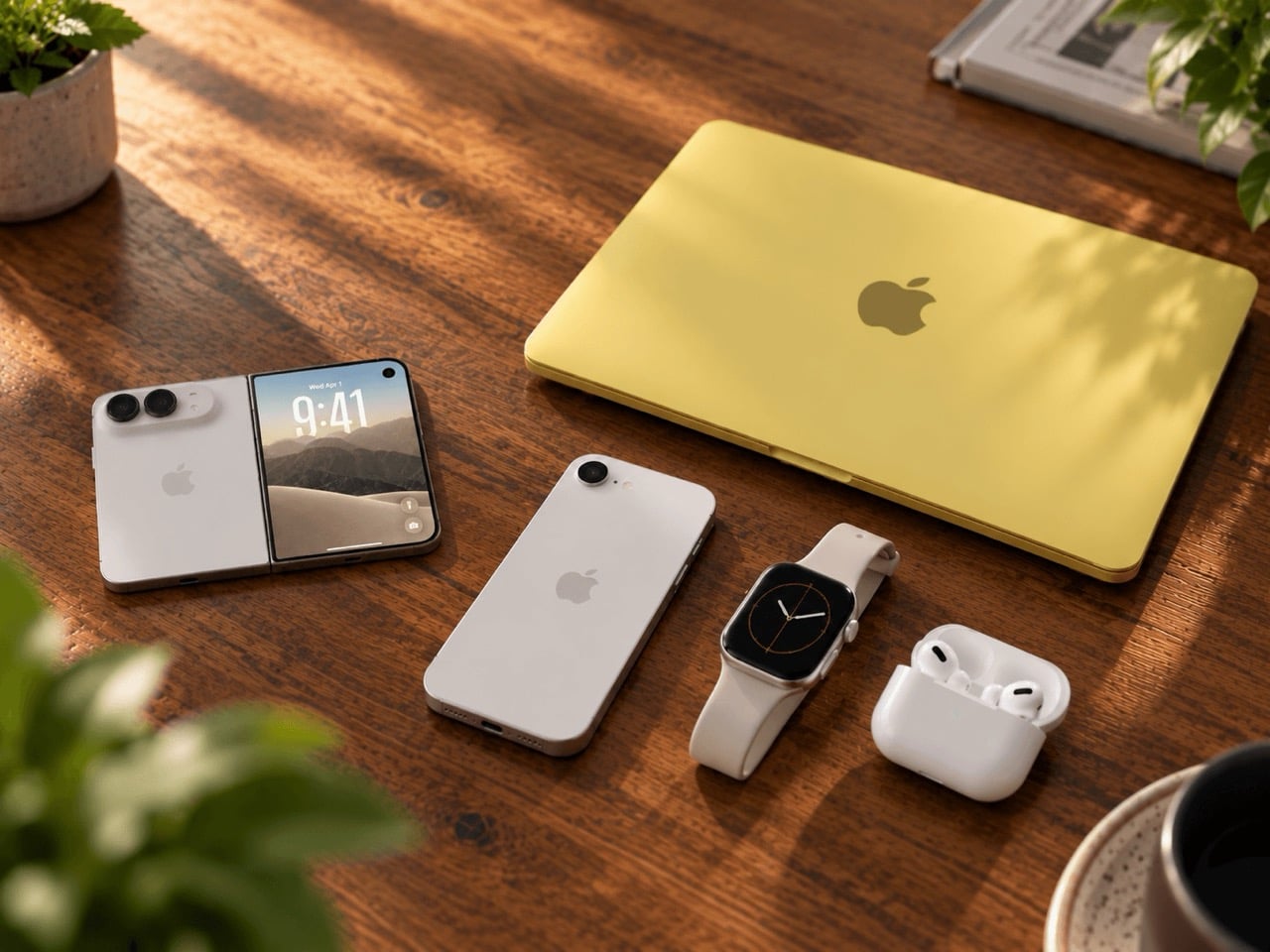 The iPhone Duo, MacBook Neo, iPhone 17e, Watch SE3, and AirPods Pro 3 placed on a wooden table, eye level shot