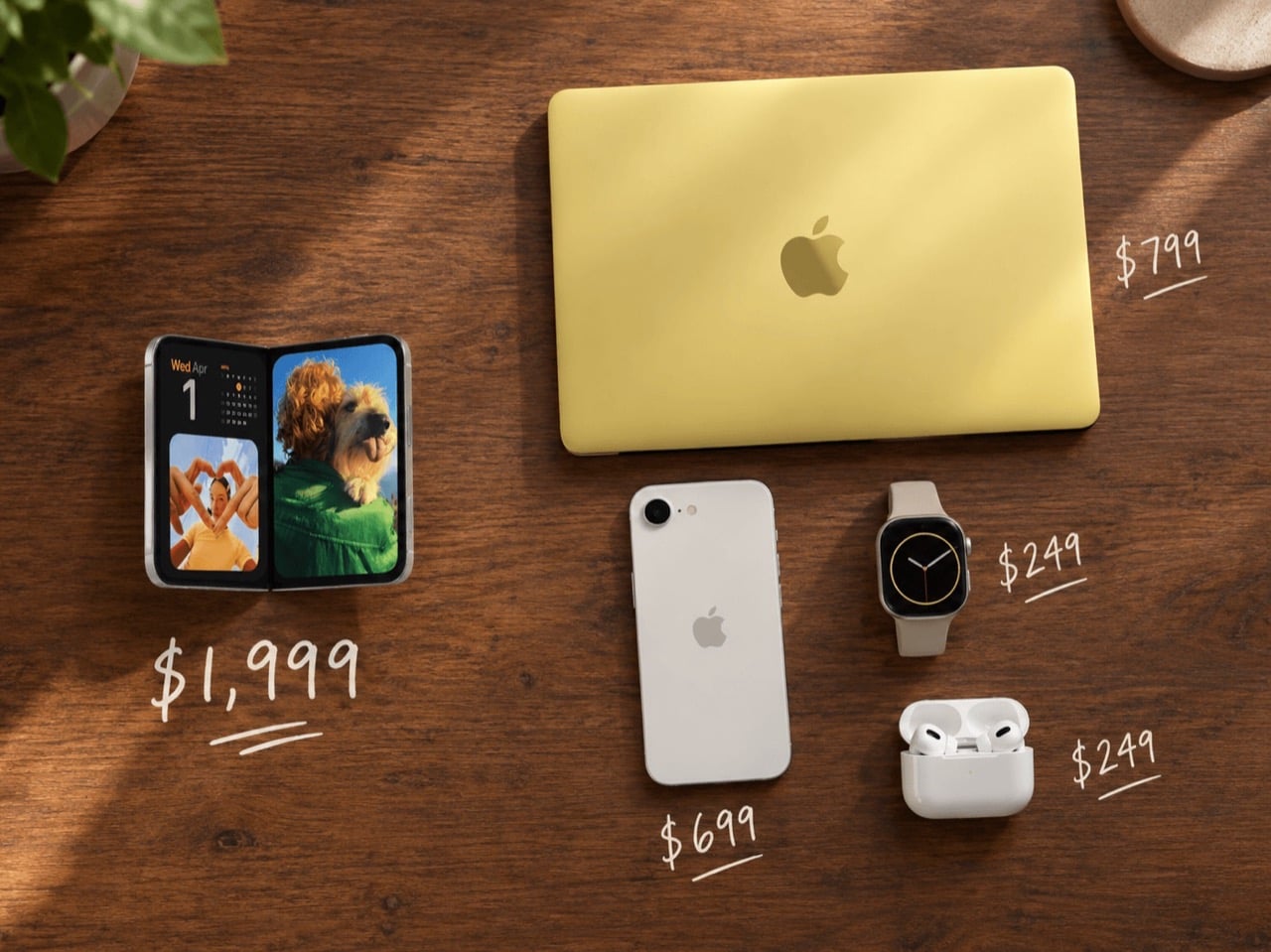 Price comparison between the iPhone Duo, MacBook Neo, iPhone 17e, Watch SE3, and AirPods Pro 3
