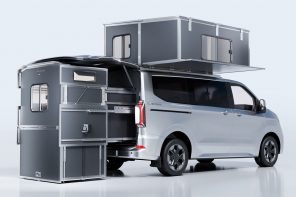 Foldable Cubivan Camping System gives your van kitchen, bathroom, and rooftop bedroom
