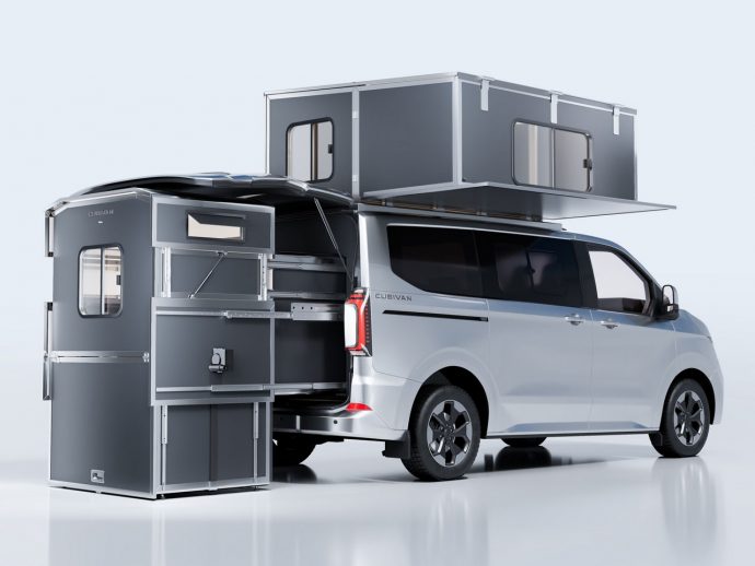 Foldable Cubivan Camping System gives your van kitchen, bathroom, and rooftop bedroom