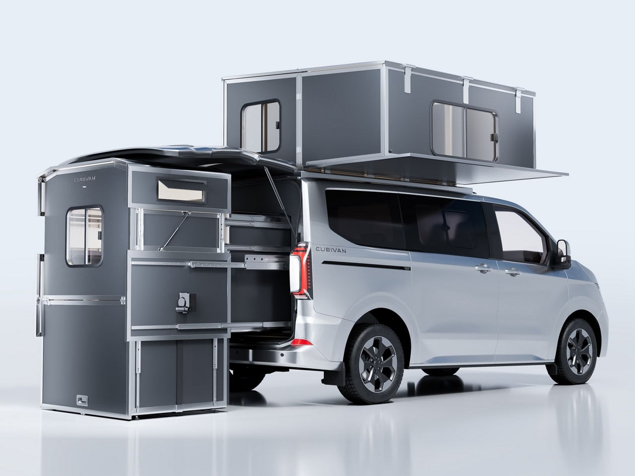 Foldable Cubivan Camping System gives your van kitchen, bathroom, and rooftop bedroom