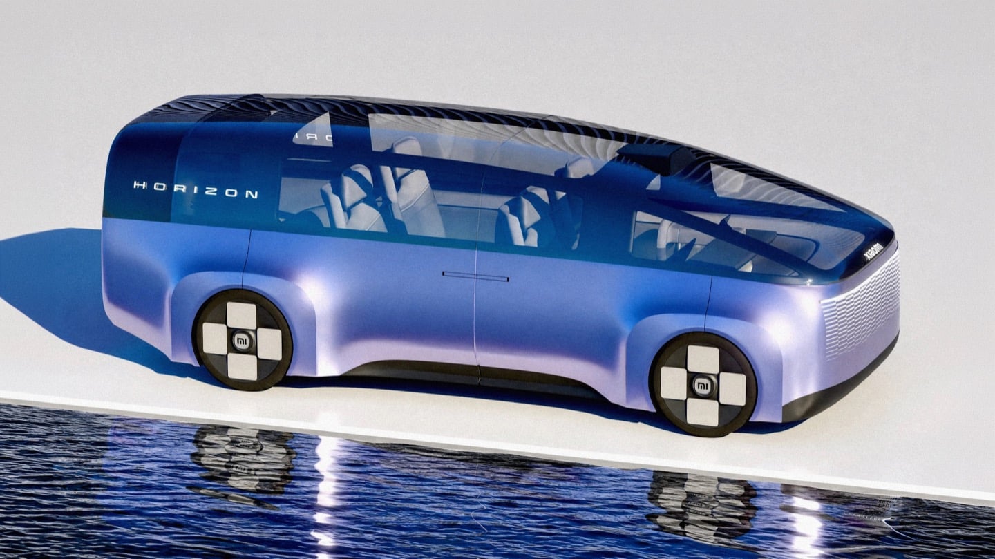Side profile of the Xiaomi Horizon concept MPV in blue-to-lavender paint, parked on a white platform above still water.