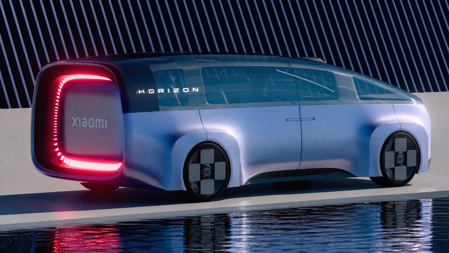 Rear three-quarter view of the Horizon at dusk, showing its illuminated red squircle taillight and the Xiaomi wordmark.