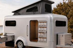 Lume Ranger is compact aluminum travel trailer with teak interiors and pop-up roof