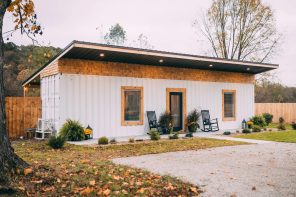 This 266-Square-Foot Shipping Container in Ohio Comes With a Private Hot Tub, a Fireplace, & Its Own Forest