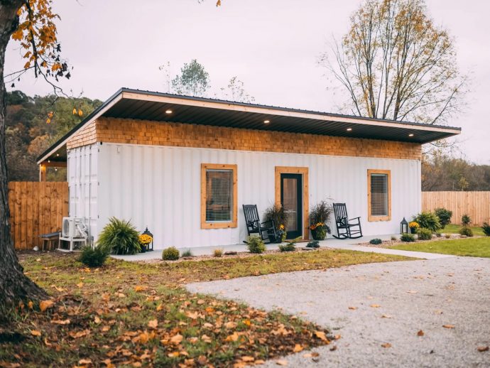 This 266-Square-Foot Shipping Container in Ohio Comes With a Private Hot Tub, a Fireplace, & Its Own Forest