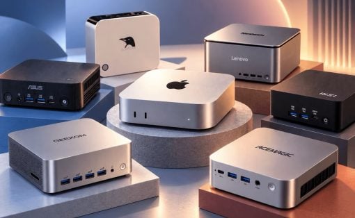 Apple Mac mini at center surrounded by six lookalike mini PCs from ASUS, Slimbook, Lenovo, MSI, Geekom and AceMagic.