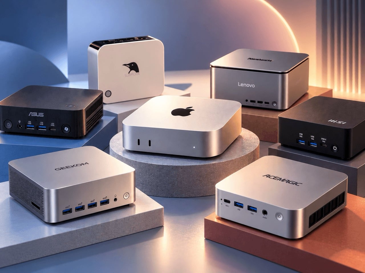 Apple Mac mini at center surrounded by six lookalike mini PCs from ASUS, Slimbook, Lenovo, MSI, Geekom and AceMagic.