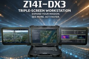 This rugged 9.8kg laptop folds out into a three 14-inch screen mobile workstation