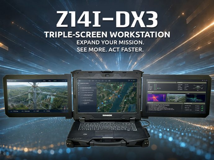 This rugged 9.8kg laptop folds out into a three 14-inch screen mobile workstation