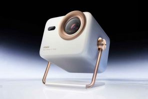 This Hisense Vidda 4K projector swings on a rose-gold gimbal that looks like sculptural jewelry