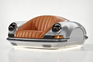 This $30,000 Porsche 911 sofa has a mini-bar where the engine should be