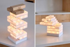This Jenga tower is also a lamp, and it lights up as you stack it
