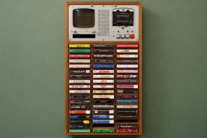 A rare Sony Walkman now powers this gorgeous wooden cassette tape wall