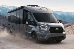 25-foot motorhome with flexible interior has private shower, murphy bed, and home office on the road